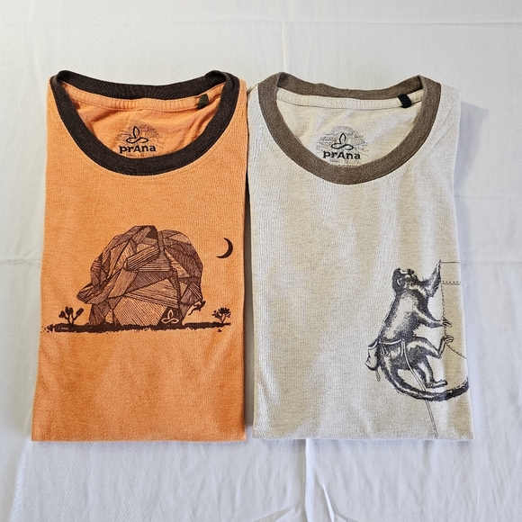 Prana Men's Large Orange and Beige Graphic Cotton Blend Shirts